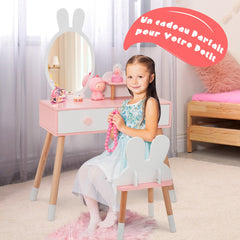 Costway Coiffeuse Enfant avec Chaise et Miroir en Forme Lapin Table de Maquillage 2 Tiroirs et Étagère en Bois Blanc