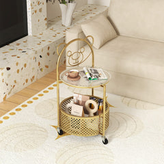 Costway Table Basse Mobile en Verre pour Enfant Table d'Appoint à 2 Niveaux Motif Ours Panier de Rangement Table à Roulettes Verrouillables Doré