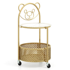 Costway Table Basse Mobile en Verre pour Enfant Table d'Appoint à 2 Niveaux Motif Ours Panier de Rangement Table à Roulettes Verrouillables Doré