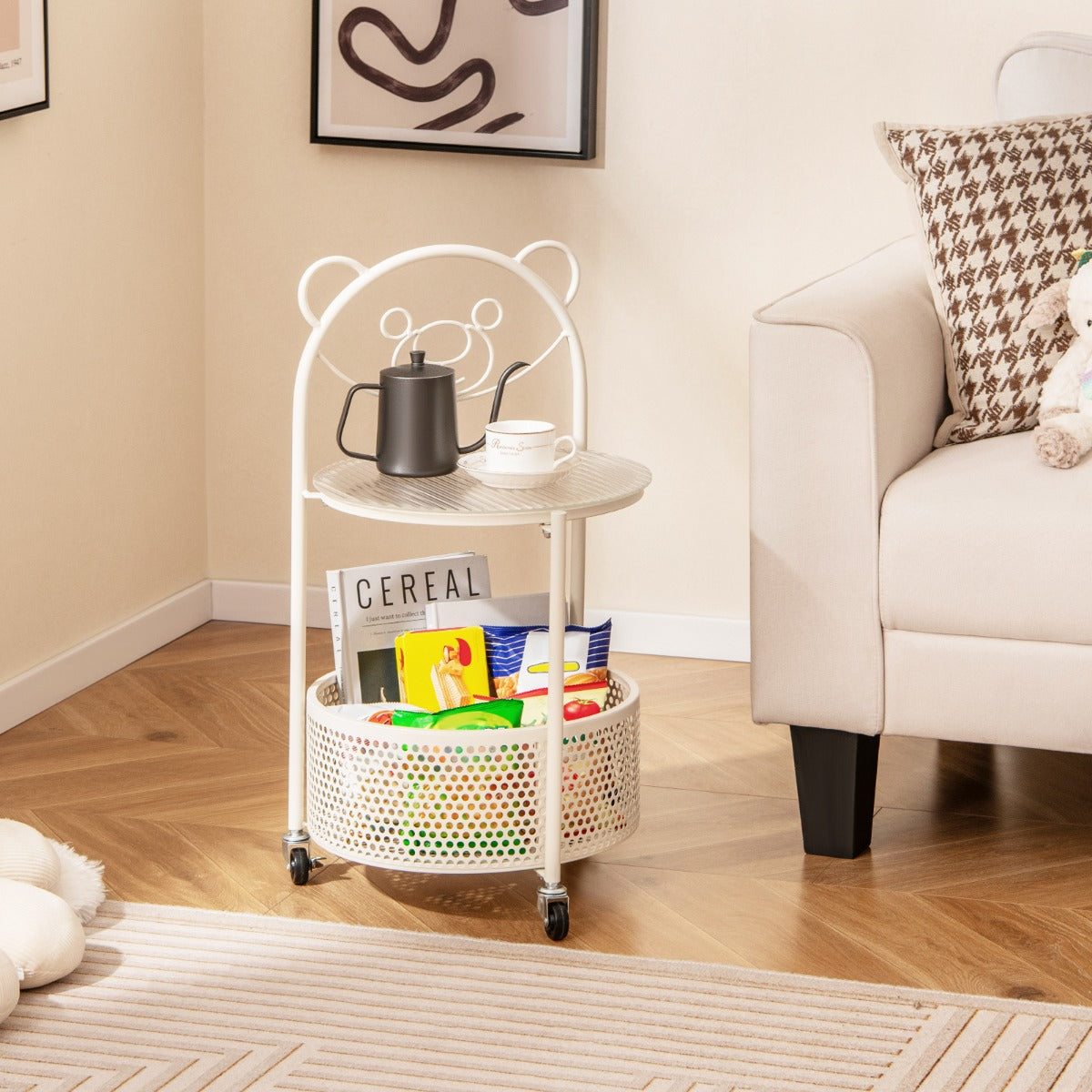 Costway Table Basse Mobile en Verre pour Enfant Table d'Appoint à 2 Niveaux Motif Ours Panier de Rangement Table à Roulettes Verrouillables Blanc