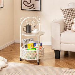 Costway Table Basse Mobile en Verre pour Enfant Table d'Appoint à 2 Niveaux Motif Ours Panier de Rangement Table à Roulettes Verrouillables Blanc