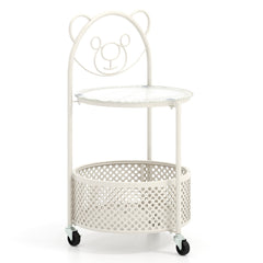 Costway Table Basse Mobile en Verre pour Enfant Table d'Appoint à 2 Niveaux Motif Ours Panier de Rangement Table à Roulettes Verrouillables Blanc