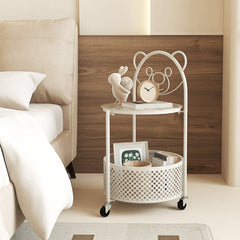 Costway Table Basse Mobile en Verre pour Enfant Table d'Appoint à 2 Niveaux Motif Ours Panier de Rangement Table à Roulettes Verrouillables Blanc