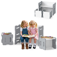 Costway Ensemble Table et Chaises pour Enfants 3PCS Bureau avec 2 Tabourets et Table d'Activités Coins Arrondis Poignées Intégrées Gris