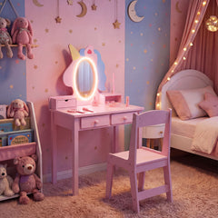 Costway Coiffeuse pour Enfant Bureau 2 en 1 avec Miroir et Tabouret Lumières LED 2 Tiroir Dispositif Anti-basculement pour 3-6 Ans Rose