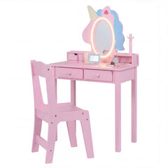 Costway Coiffeuse pour Enfant Bureau 2 en 1 avec Miroir et Tabouret Lumières LED 2 Tiroir Dispositif Anti-basculement pour 3-6 Ans Rose