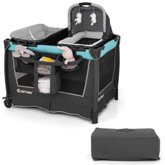 Costway Lit Parapluie Pliable 5-en-1 Parc Bébé avec Berceau Amovible Table à Langer Matelas Rangement Sac de Transport et Roues Verrouillables Vert