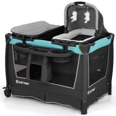 Costway Lit Parapluie Pliable 5-en-1 Parc Bébé avec Berceau Amovible Table à Langer Matelas Rangement Sac de Transport et Roues Verrouillables Vert