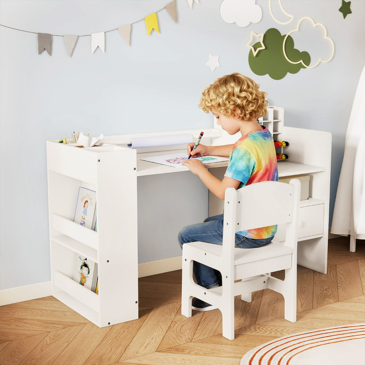 Costway Ensemble Table et Chaises pour Enfants Bureau de Peinture pour Enfants avec Porte-rouleau de Papier Amovible et Armoire Cubique Blanc