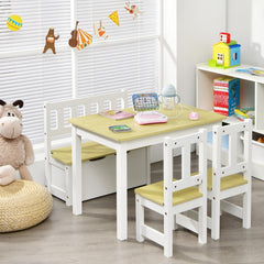 Costway Ensemble de Table et Chaises pour Enfant avec Table 2 Chaises et Banc de Rangement 2 en 1 pour Étudier et Manger Naturel