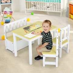 Costway Ensemble de Table et Chaises pour Enfant avec Table 2 Chaises et Banc de Rangement 2 en 1 pour Étudier et Manger Naturel