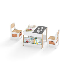 Costway Table et Chaise Enfants 4 en 1 Table d’Activité pour Tout-Petits avec Plateaux Réversibles Double Face & Bibliothèques Latérales Naturel