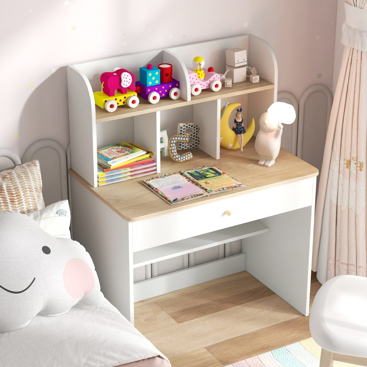 Costway Bureau d'Etude en Bois pour Enfants Petit Bureau avec Clapier et 1 Tiroir Etagère de Rangement Bureau pour Etudiants Bureau avec Rangement Blanc
