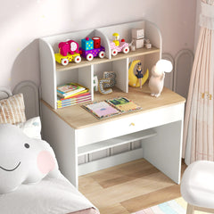 Costway Bureau d'Etude en Bois pour Enfants Petit Bureau avec Clapier et 1 Tiroir Etagère de Rangement Bureau pour Etudiants Bureau avec Rangement Blanc