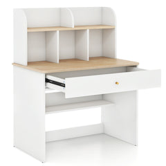 Costway Bureau d'Etude en Bois pour Enfants Petit Bureau avec Clapier et 1 Tiroir Etagère de Rangement Bureau pour Etudiants Bureau avec Rangement Blanc