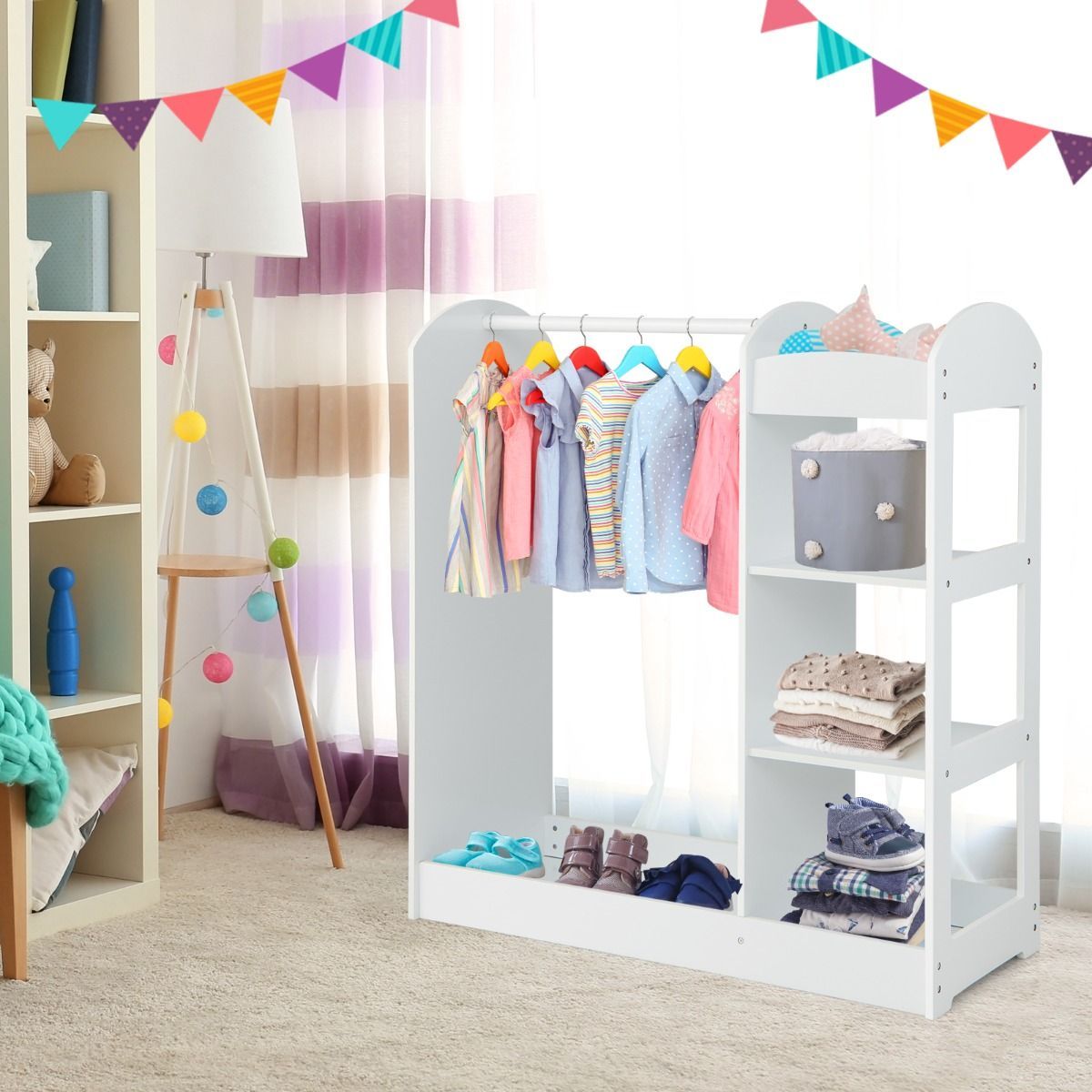 Costway Coiffeuse et Tabouret pour Enfants avec Miroir Blanc + Meuble Rangement Ouverte avec 4 Étagères et Porte-Vêtements en Bois Blanc