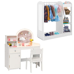Costway Coiffeuse et Tabouret pour Enfants avec Miroir Blanc + Meuble Rangement Ouverte avec 4 Étagères et Porte-Vêtements en Bois Blanc