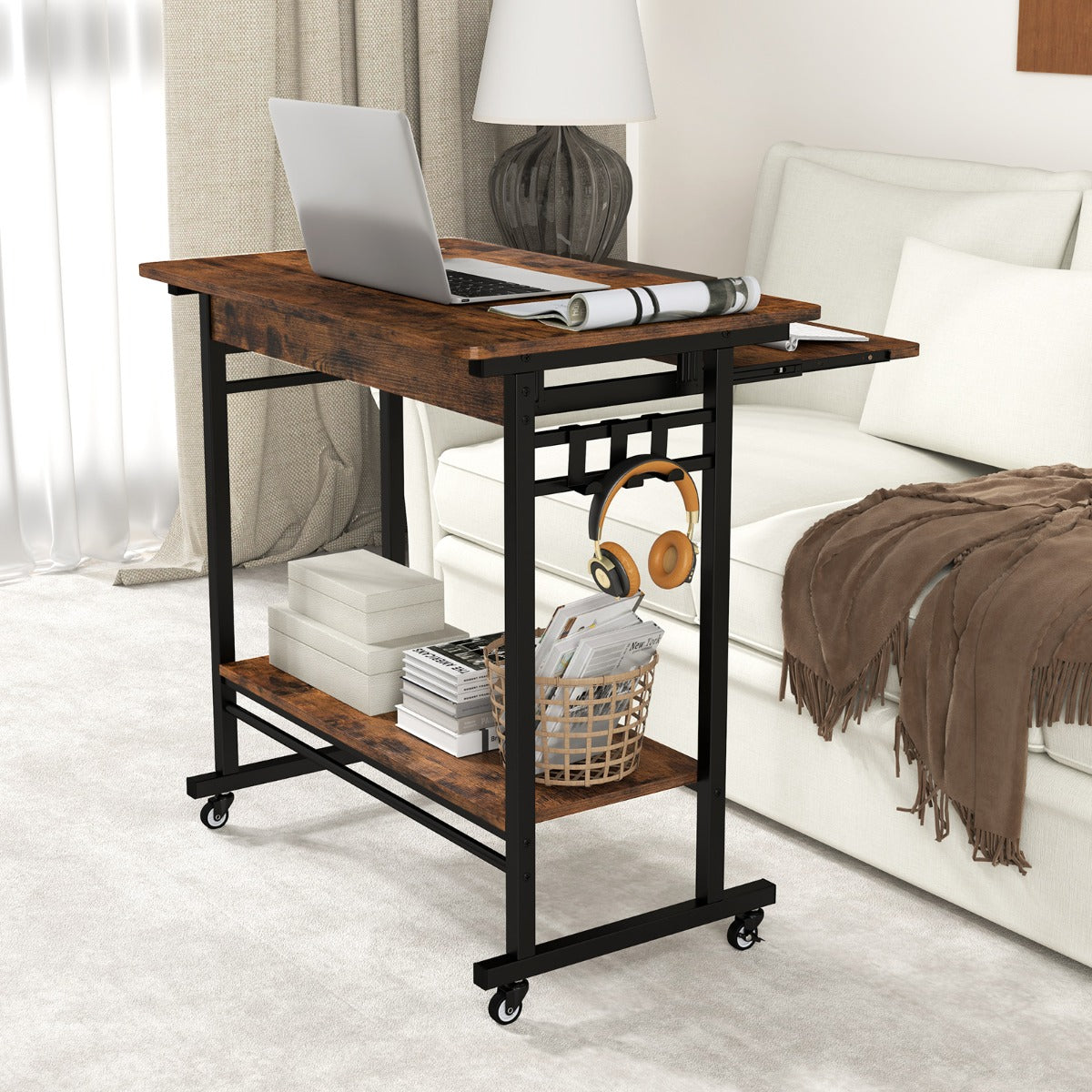 Costway Bureau d'Ordinateur à Roulettes Bureau Informatique Mobile avec Plateau Clavier Extractible pour Bureau à Domicile Chambre d’Enfant Marron