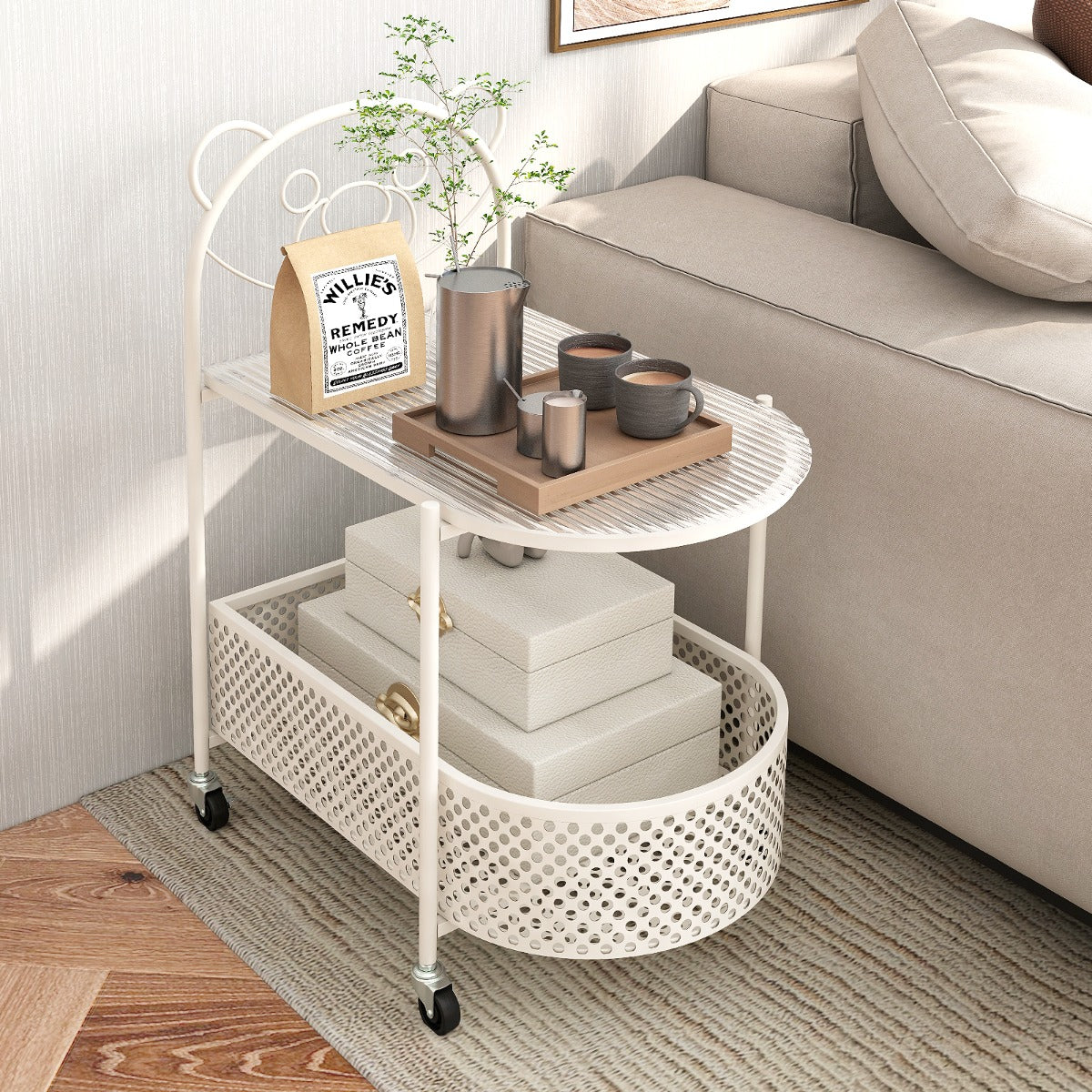 Costway Table Basse Mobile en Verre Table d’Appoint à 2 Niveaux avec Motif Ours pour Enfant Panier de Rangement Cadre en Métal Roulettes Blanc