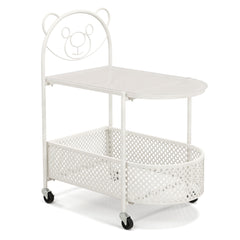 Costway Table Basse Mobile en Verre Table d’Appoint à 2 Niveaux avec Motif Ours pour Enfant Panier de Rangement Cadre en Métal Roulettes Blanc