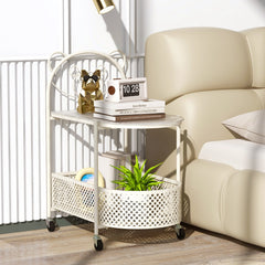 Costway Table Basse Mobile en Verre Table d’Appoint à 2 Niveaux avec Motif Ours pour Enfant Panier de Rangement Cadre en Métal Roulettes Blanc