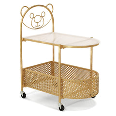Costway Table Basse Mobile en Verre Table d’Appoint à 2 Niveaux avec Motif Ours pour Enfant Panier de Rangement Cadre en Métal Roulettes Doré