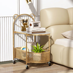 Costway Table Basse Mobile en Verre Table d’Appoint à 2 Niveaux avec Motif Ours pour Enfant Panier de Rangement Cadre en Métal Roulettes Doré