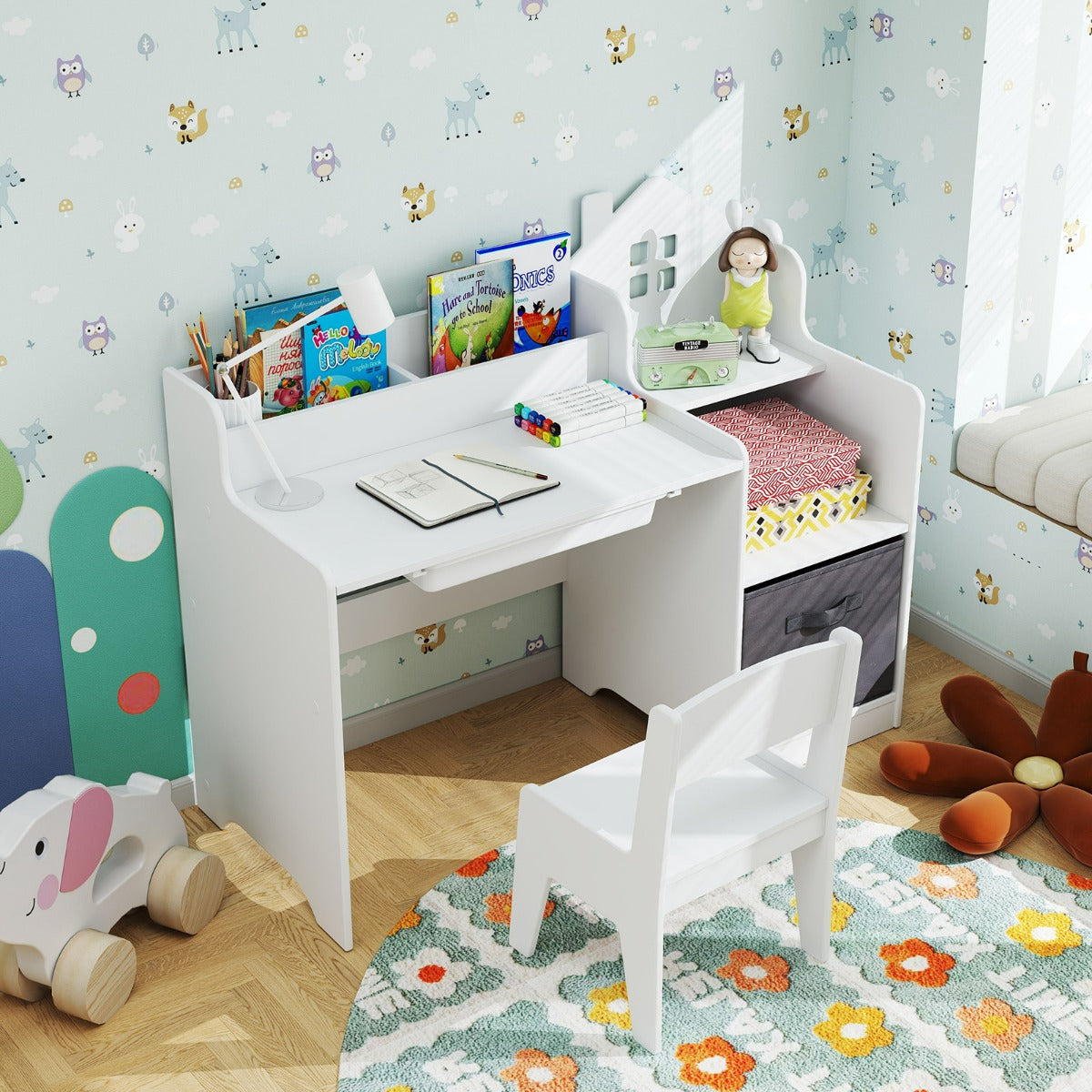 Costway Ensemble Bureau et Chaise pour Enfants Bureau d'Étude avec Étagères Ouvertes Tiroir et Panier en pour Garçons et Filles de 3 Ans Blanc