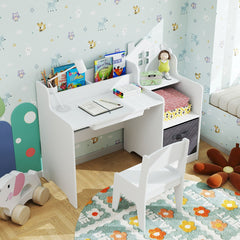 Costway Ensemble Bureau et Chaise pour Enfants Bureau d'Étude avec Étagères Ouvertes Tiroir et Panier en pour Garçons et Filles de 3 Ans Blanc