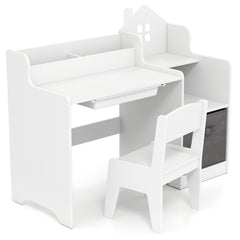 Costway Ensemble Bureau et Chaise pour Enfants Bureau d'Étude avec Étagères Ouvertes Tiroir et Panier en pour Garçons et Filles de 3 Ans Blanc
