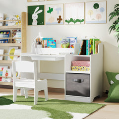 Costway Ensemble Bureau et Chaise pour Enfants Bureau d'Étude avec Étagères Ouvertes Tiroir et Panier en pour Garçons et Filles de 3 Ans Blanc