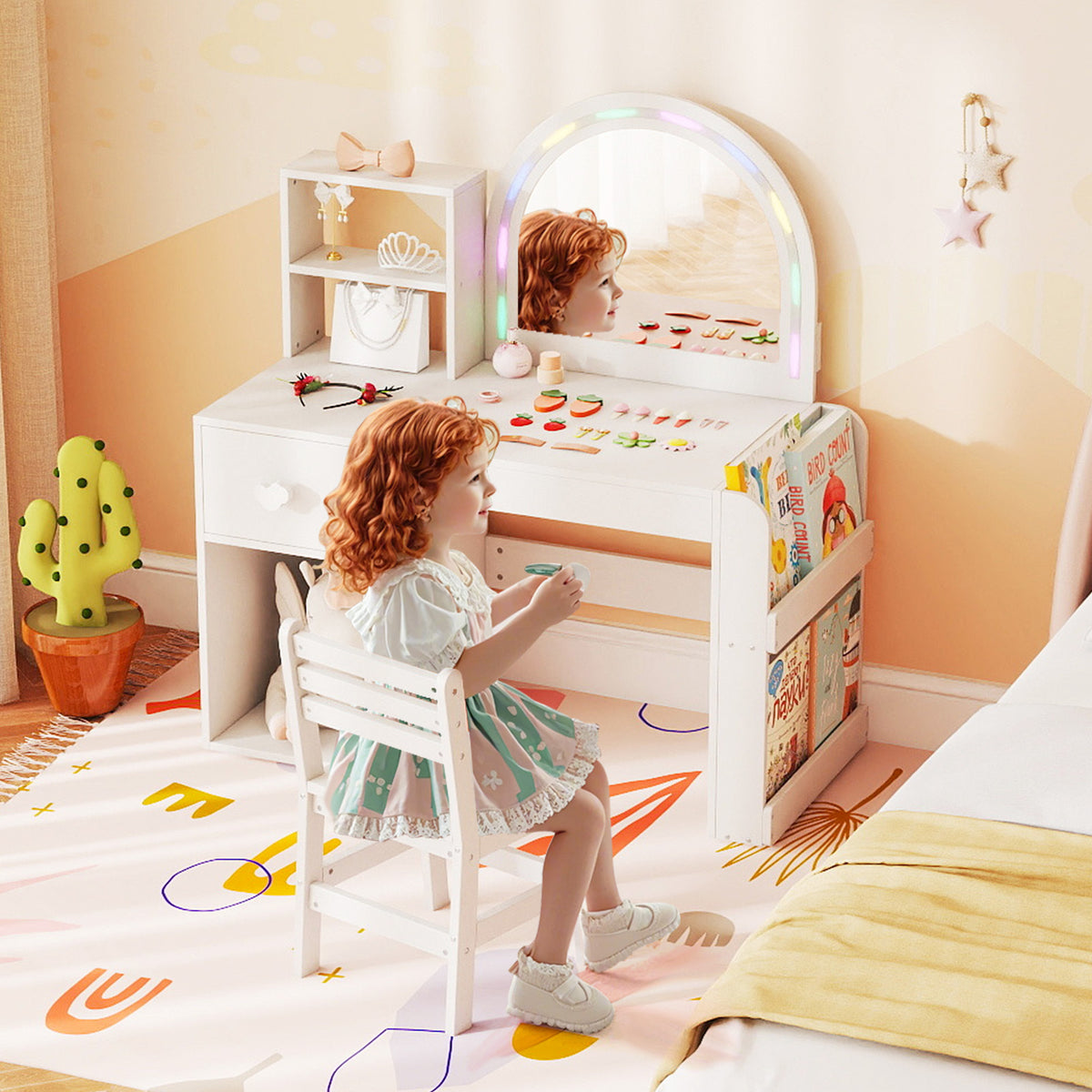 Costway Coiffeuse pour Enfants avec Lumières Table de Maquillage Princesse avec Miroir Éclairé Bibliothèque Ouverte Tiroir de Rangement Blanc