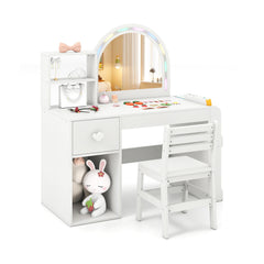 Costway Coiffeuse pour Enfants avec Lumières Table de Maquillage Princesse avec Miroir Éclairé Bibliothèque Ouverte Tiroir de Rangement Blanc