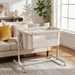 Costway Berceau Bébé Cododo Lit Bébé Réglable en Hauteur à 6 Niveaux 4 Roulettes Parois en Filet Respirant Matelas Amovible pour 0-6 Mois Beige