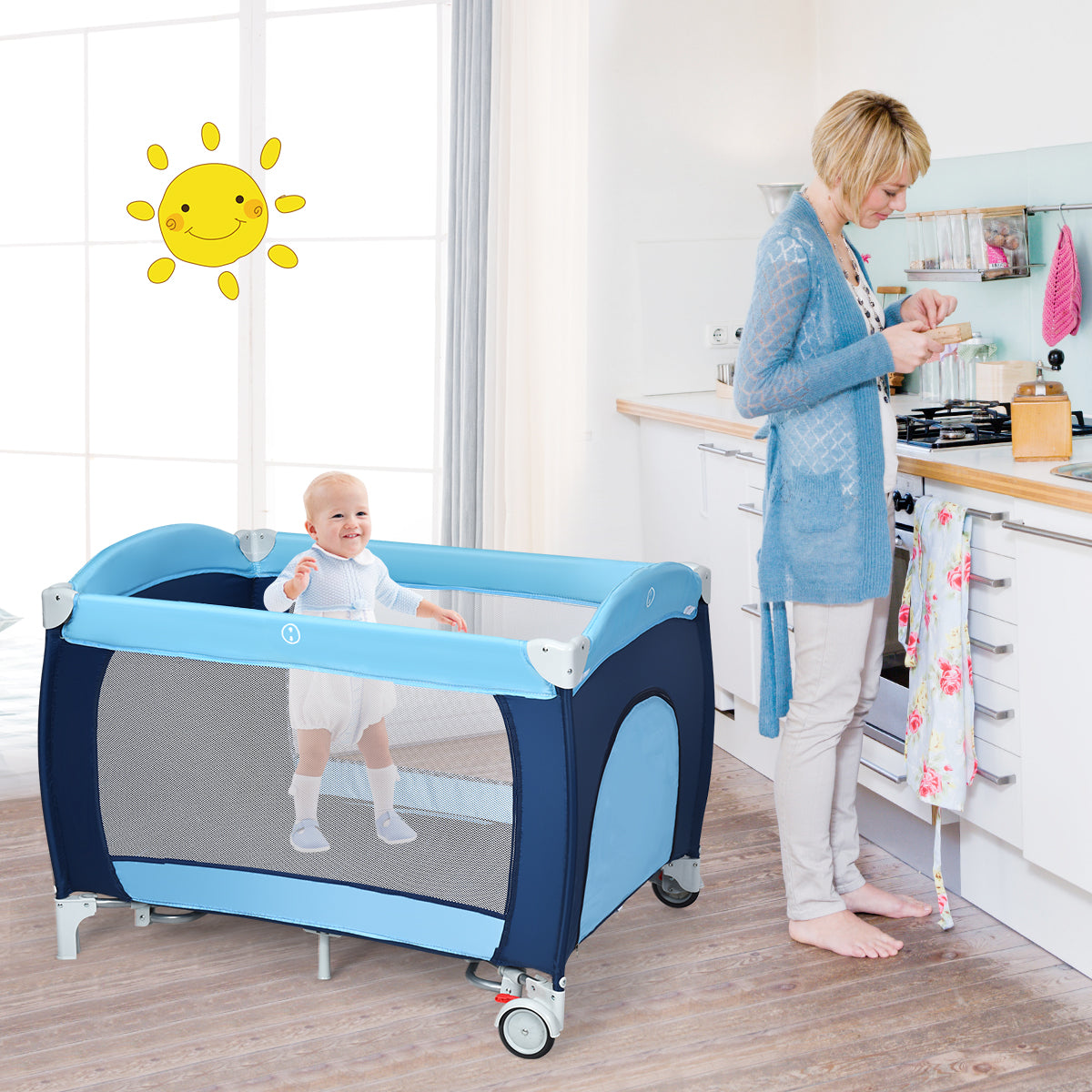 Costway Lit parapluie pour bébé 0-36 mois Lit bébé pliant à roulettes avec accessoires sac de transport 120 x 60 x 76 cm Bleu