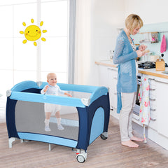 Costway Lit parapluie pour bébé 0-36 mois Lit bébé pliant à roulettes avec accessoires sac de transport 120 x 60 x 76 cm Bleu