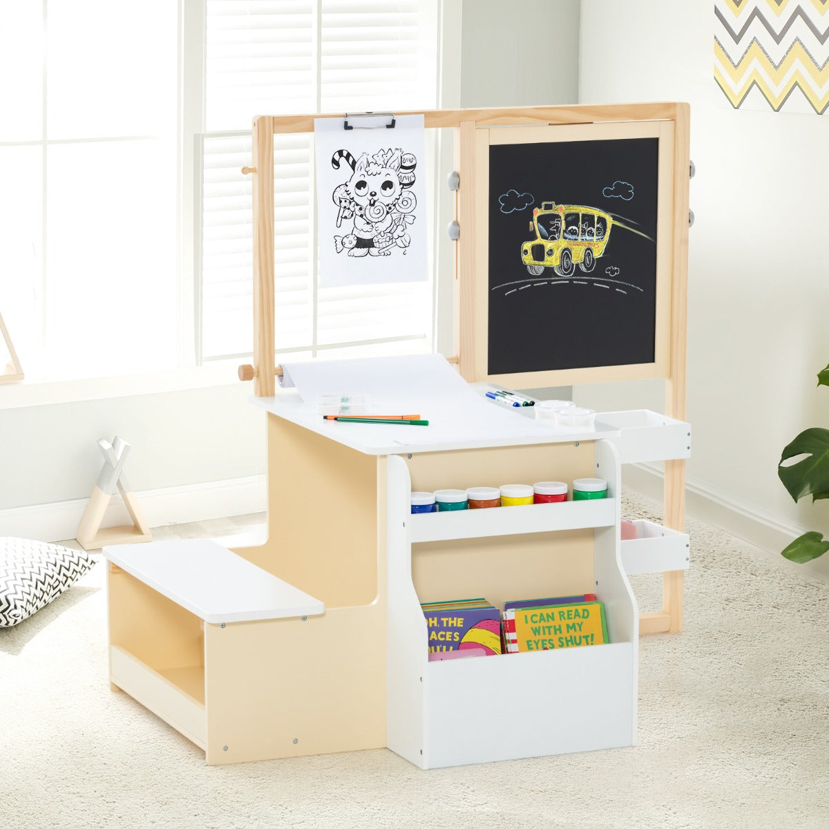 Costway Table avec Tabouret Enfant 4 en 1 Table 2 Face ( Blanc&Noir )Rouleau de Papier 11 Accessoires Multi Rangement Blanc