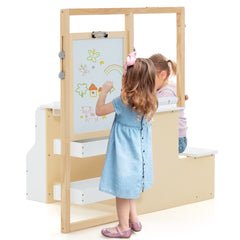 Costway Table avec Tabouret Enfant 4 en 1 Table 2 Face ( Blanc&Noir )Rouleau de Papier 11 Accessoires Multi Rangement Blanc