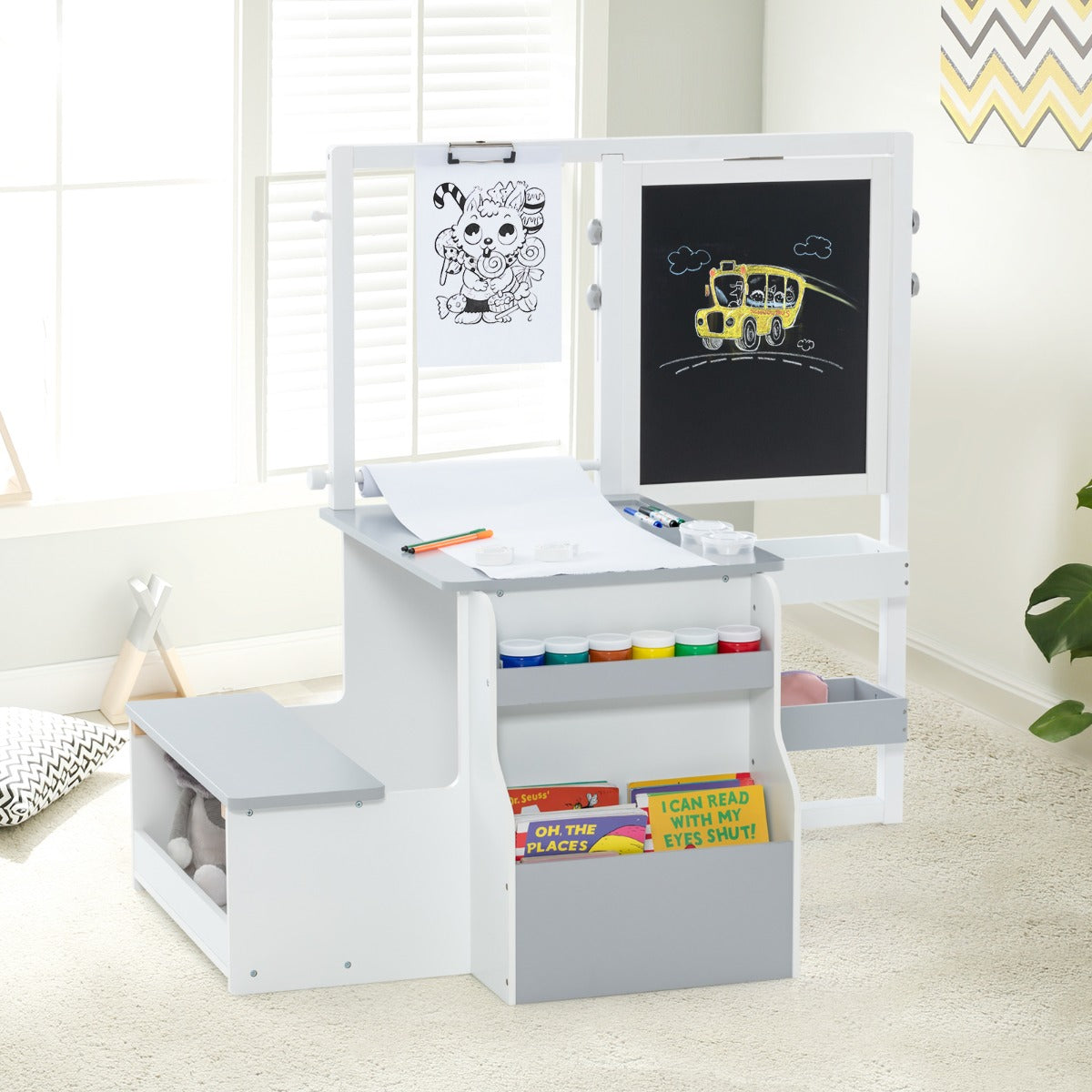 Costway Table avec Tabouret Enfant 4 en 1 Table 2 Face (Blanc&Noir)Rouleau de Papier 11 Accessoires Multi Rangement Argent