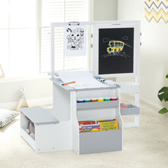 Costway Table avec Tabouret Enfant 4 en 1 Table 2 Face (Blanc&Noir)Rouleau de Papier 11 Accessoires Multi Rangement Argent