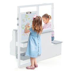 Costway Table avec Tabouret Enfant 4 en 1 Table 2 Face (Blanc&Noir)Rouleau de Papier 11 Accessoires Multi Rangement Argent