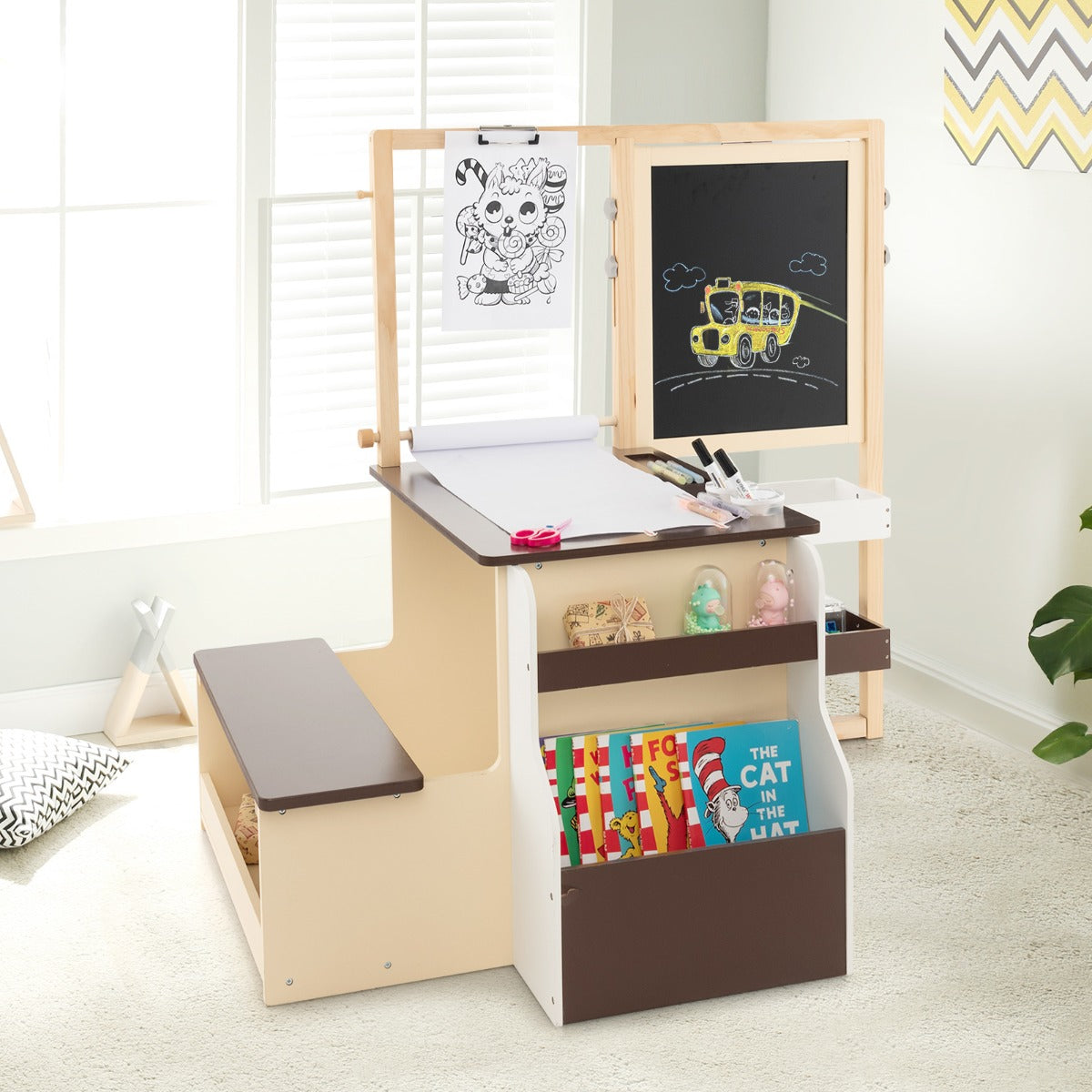 Costway Table avec tabouret Enfant 4 en 1 Table 2 Face ( Blanc&Noir )Rouleau de Papier 11 Accessoires Multi Rangement Café