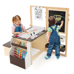 Costway Table avec tabouret Enfant 4 en 1 Table 2 Face ( Blanc&Noir )Rouleau de Papier 11 Accessoires Multi Rangement Café