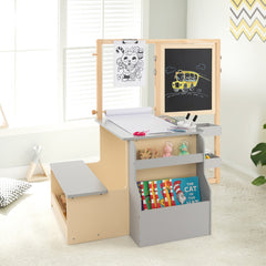 Costway Table avec Tabouret Enfant 4 en 1 Table 2 Face ( Blanc&Noir )Rouleau de Papier 11 Accessoires Multi Rangement Gris