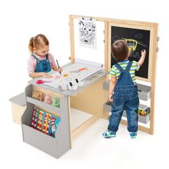 Costway Table avec Tabouret Enfant 4 en 1 Table 2 Face ( Blanc&Noir )Rouleau de Papier 11 Accessoires Multi Rangement Gris