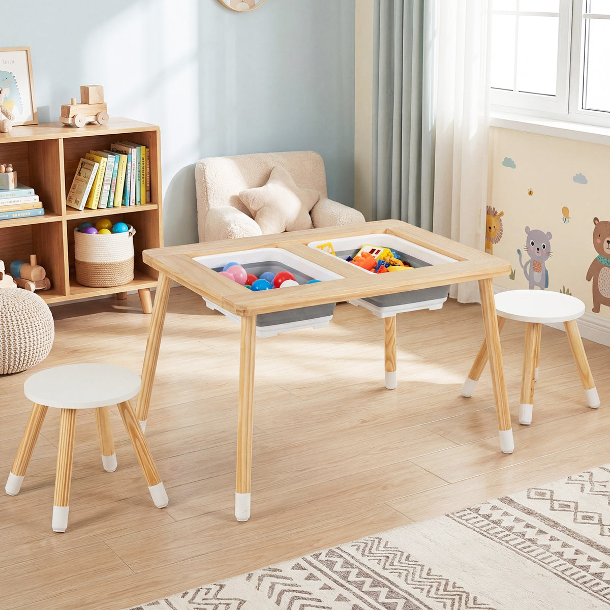 Costway Ensemble Table et Chaises pour Enfants avec Plateaux Réversibles Amovibles & 2 Bacs de Rangement Pieds Solides en Pin pour Naturel + Blanc