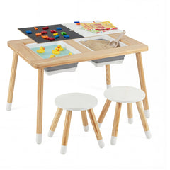 Costway Ensemble Table et Chaises pour Enfants avec Plateaux Réversibles Amovibles & 2 Bacs de Rangement Pieds Solides en Pin pour Naturel + Blanc