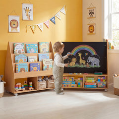 Costway Bibliothèque Enfant avec 3 Niveaux d'Étagères et 2 Compartiments de Rangement 90 x 45,5 x 87 CM pour 3+ Ans Naturel