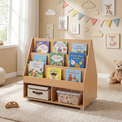 Costway Bibliothèque Enfant avec 3 Niveaux d'Étagères et 2 Compartiments de Rangement 90 x 45,5 x 87 CM pour 3+ Ans Naturel