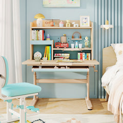 Costway Bureau d'Étude pour Enfants avec Bibliothèque et Tiroir Table d'Écriture Réglable en Hauteur pour Enfants avec Plateau Inclinable Bleu